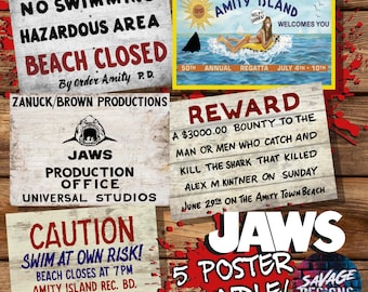 Jaws -  5 poster bundle - Accurate to the screen used signs from Jaws. INSTANT DIGITAL DOWNLOAD. Beach closed. Amity Island Quint Brody