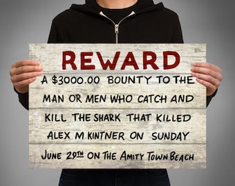 Jaws Alex Kintner Reward Poster print. Amity Island Chief Brody Hooper Quint Jaws movie poster Amity billboard sign Orca Shark movie