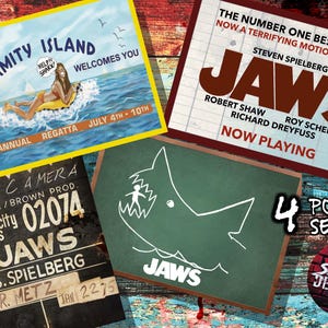 ジョーズ ポスター 4 枚セット。アミティ アイランド。スティーブン スピルバーグ クイント ブロディ フーパー ポスター セット A3 サイズ ポスター。80 年代ホラー。ビーチ閉鎖。黒板。