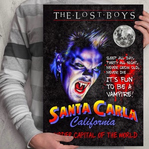 The Lost Boys Santa Carla sign movie poster. Kiefer Sutherland. Vampire movie. Corey Feldman Cory Haim. 80s horror film video poster