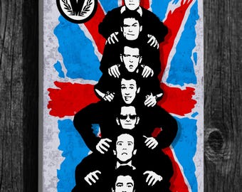 May include: A black and white illustration of seven men stacked on top of each other, with their arms outstretched. The men are silhouetted against a red, white, and blue Union Jack flag. The image is titled "Savage Designs 2023".