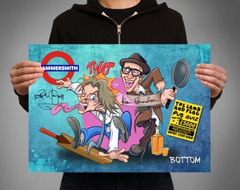 Bottom cartoon caricature style TV comedy A3 print - Rik Mayall Adrian Edmondson Richie and Eddie The Hammersmith Hardmen. BBC comedy.