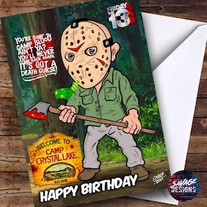 Cartão de aniversário de sexta-feira 13 Jason Voorhees Desenho animado de terror. Cartão de felicitações tamanho A5 para impressão DOWNLOAD DIGITAL INSTANTÂNEO. Camp Crystal Lake.