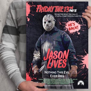 Jason Voorhees  Friday The 13th Part 6 Jason Lives movie Poster. 80s slasher horror film Camp blood Camp Crystal Lake. Forest Green. Tommy.