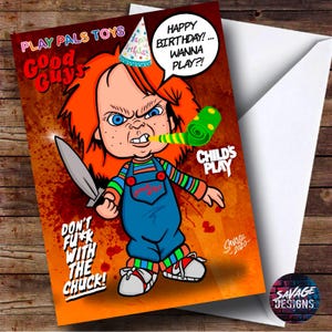 Kinderspeelverjaardagskaart Chucky Horror-tekenfilm. Afdrukbare wenskaart op A5-formaat DIRECT DIGITALE DOWNLOAD. Good guys-pop. Play Pals-speelgoed.
