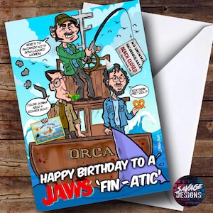 Biglietto di auguri di compleanno con i cartoni animati Jaws Cartello pubblicitario di Amity Island. Quint Brody Hooper. Biglietto di auguri stampabile in formato A5 DOWNLOAD DIGITALE IMMEDIATO.