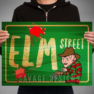 Freddy Krueger. A nightmare on Elm street. Cartoon sign poster Robert Englund Springwood slasher 80s horror. Horror poster. Freddy Elm St.