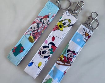 Christmas Disney Wristlet Keychain, Holiday Headband Holder, Cotton Fabric Lanyard