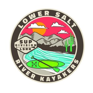 May include: A circular logo with the text "Lower Salt River Kayakers" in a brown circle with a white outline. The logo features a sunset scene with mountains, a river, and a paddleboard with a paddle. The text "SUP Division LSRK" is in a white hexagon.