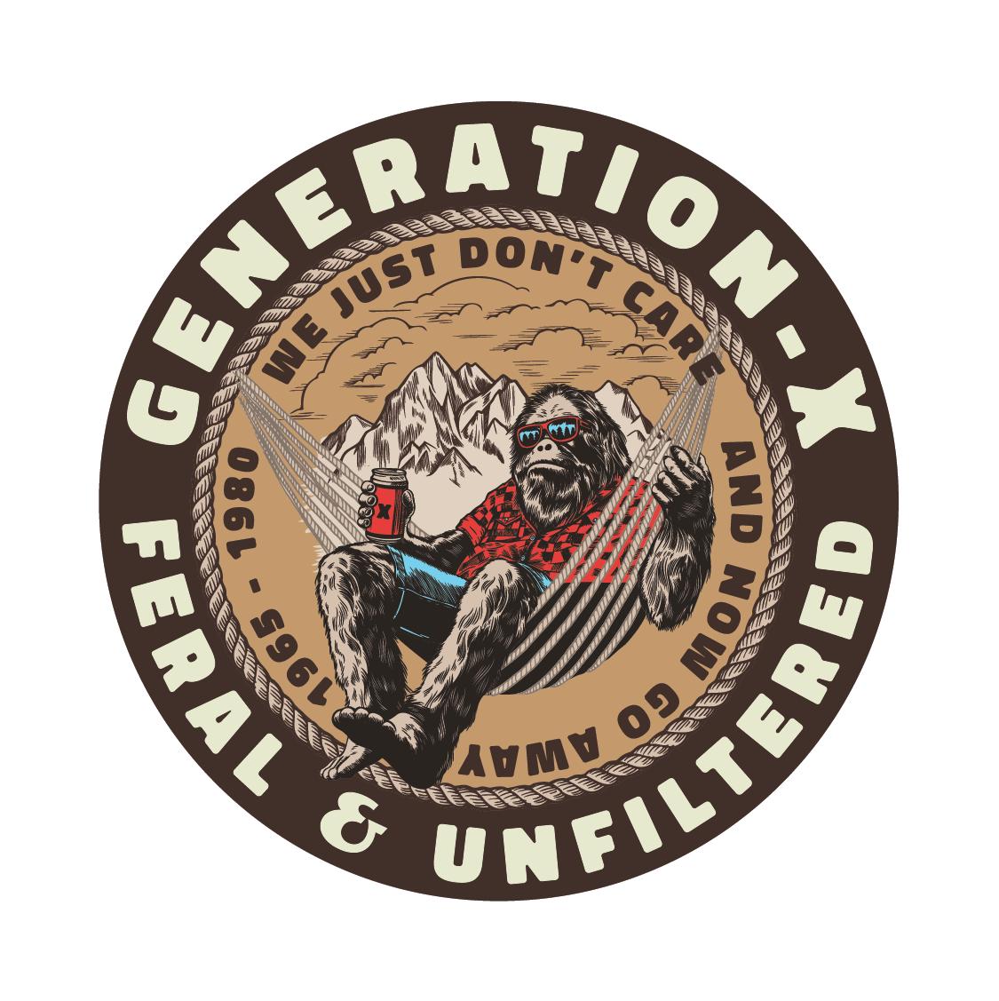 Generation X Vinyl Sticker Feral and Unfiltered Funny Gorilla Hammock Retro Humor 1965-1980 Durable Weatherproof Decal Gen X Humor Gift
