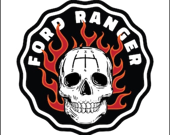 Ford Ranger Skull with Flames & 5-Speed Stick Shift Graphic Vinyl Decal STICKER Car Window Bumper Laptop Water Bottle Toolbox truck TAFFR