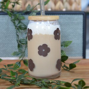 Brown Flower Glass Cup 16 oz | Reusable Glass Tumbler | Handmade Glassware | Handmade Gifts