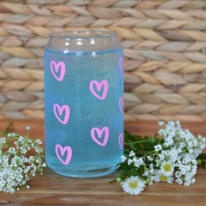 Pink Hearts Glass Cup 16 oz | Valentines Gift | Valentines Coffee Tumbler | Handmade valentines gift | Heart Glass Cup