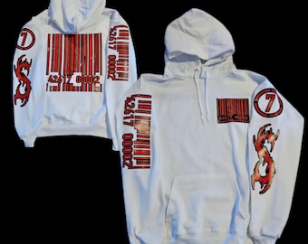 2025 Dystopian Nightmare Barcode Hoodie, White Pullover.