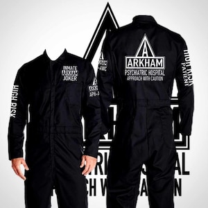 Prison Jumpsuit Halloween Costume,Arkham Asylum, Black Coveralls. Personalize your name.