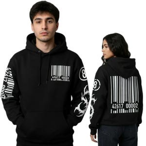 May include: A black hooded sweatshirt featuring a white barcode graphic with the number 42617 00002 on the chest and back. The sleeves display a white circular 8 logo and a tribal-style graphic. The hoodie includes a front kangaroo pocket.