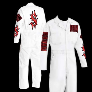 May include: White coveralls with red and black graphics. The coveralls feature a barcode design on the sleeves and the band's logo on the back and sleeves. The coveralls have a collared neckline and pockets.