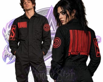 May include: A black jumpsuit featuring red graphics, including a large barcode on the back with the text $42617 00002, a smaller barcode on the chest, a circled number 3 on the sleeve, and a stylized letter S in a rectangular frame.
