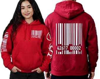 Dystopian Nightmare Barcode Hoodie, Red hooded pullover.