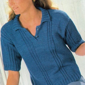 Vintage Knitting Pattern Ladies Knit Polo Shirt Womens Polo Sweater Women&#39;s Short Sleeve Sweater PDF Instant Digital Download 1980&#39;s