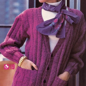 Vintage Knitting Pattern Ladies Knit Jacket Women&#39;s Ribbed Cardigan Womens V-neck Cardigan Retro PDF Instant Digital Download 1980&#39;s
