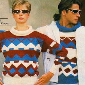 May include: Two people wearing matching patterned sweaters with geometric designs in red, white, and blue. The sweaters have a turtleneck collar and long sleeves. One person wears sunglasses. The text in the image reads "His trousers by Gee 2. Her trousers, Stirling Cooper."