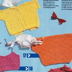 May include: A collection of knitted swimwear pieces in various colors, including yellow, orange, and pink. The garments feature textured patterns and button details. A white hat and a red bow are also present.