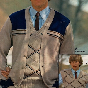 May include: A beige cardigan with navy blue shoulder accents and brown stripes, worn over a diamond-patterned sweater vest. The outfit includes a light blue shirt and a brown tie, showcasing a classic vintage style.
