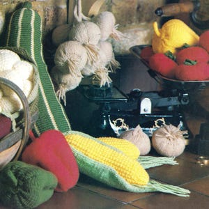 Vintage Knitting Pattern Vegetables Toy Tomato, Onion, Sweetcorn, Aubergine, Marrow, Pepper, Cauliflower PDF Instant Digital Download 1980&#39;s
