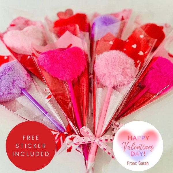 Valentine Puff Pens (set of 4), Valentine Classroom Favors, Pom Pom pens, Valentine Teacher Gift, Non candy for girls, Heart Valentine Card