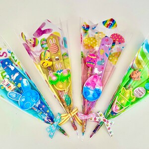 Easter Bouquet Favor Pack (set of 4), Pop Its, Easter Pencil and Eraser, Slap Bracelet Easter Party Favors, Easter Basket Gifts