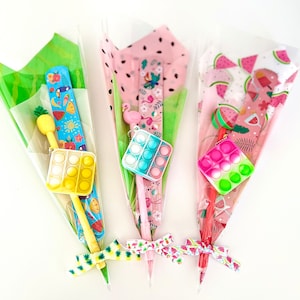 Set of 3 Summer Bouquet Favor Pack, Pop Its, Fruit Pen, Slap It Bracelet, Summer Birthday Party Favors, End of School Class Gifts