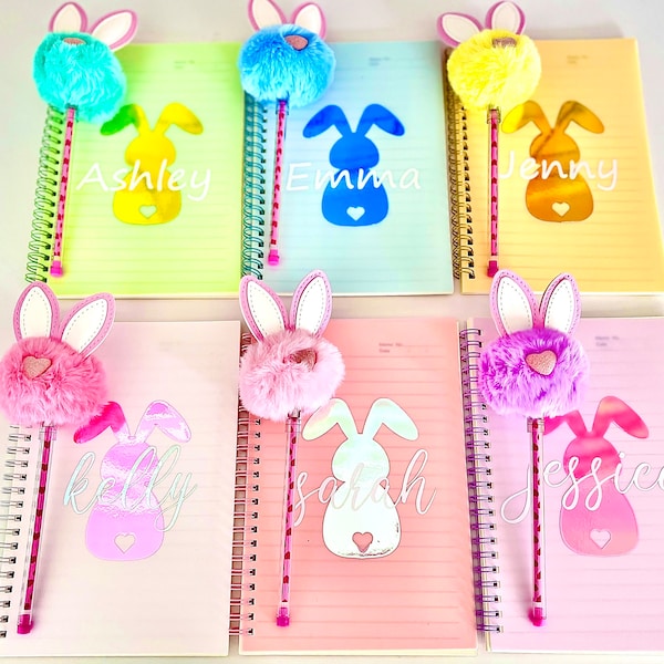 Easter Notebook and Pen Set, Pom Pom pen, Easter Basket Stuffers, Bunny Notebook, Easter Basket Fillers, Easter Gifts for Girl, Easter Favor