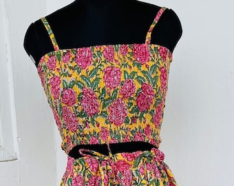 Cotton skirt set | Cotton hand block print outfit | skirt and top set | cotton set | shirred top