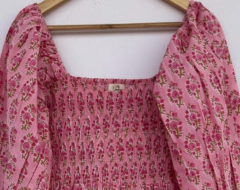 Robe longue en coton à imprimé blocs de main : robe bohème à fleurs