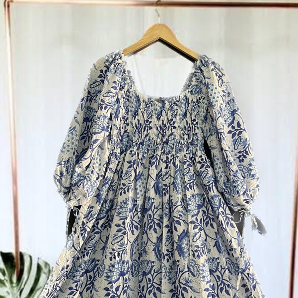 Bohemian maxi - floral cotton dress - hand block print dress