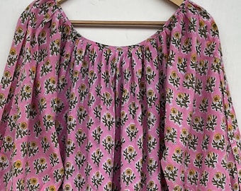 Pink Floral Cotton Maxi Dress: Gathered Neck Boho Gown