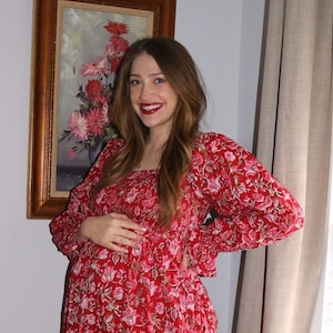 Red floral printed maxi | hand block print dress | smocked maxi dress