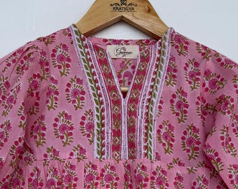 Vestido largo de algodón con estampado floral rosa para niñas - Ropa infantil de verano con estampado de bloques