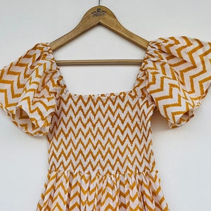 Yellow printed dress | block print dress | cotton boho dress | shirred maxi dress