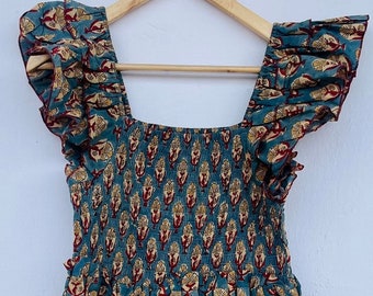 Rüschen-Maxi aus Baumwolle | Kleid mit Handblockdruck | Boho lange Maxi | Rüschenkleid