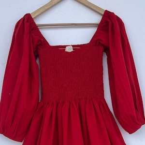 Red maxi dress - solid red cotton dress - christmas dress - shirred dress - comfy maxi