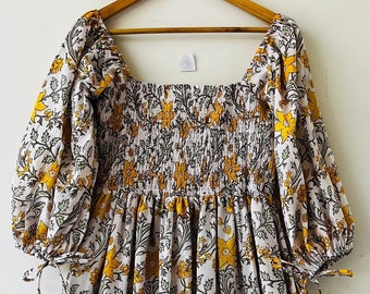 Block printed floral cotton dress - bohemian long maxi - yellow floral dress - smocking yoke maxi dress