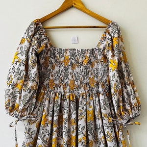 Block printed floral cotton dress | bohemian long maxi | yellow floral dress | smocking yoke maxi dress
