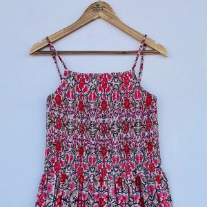 Pink floral long maxi - hand block printed dress - smocked maxi dress - strap dress - summer vintage dress