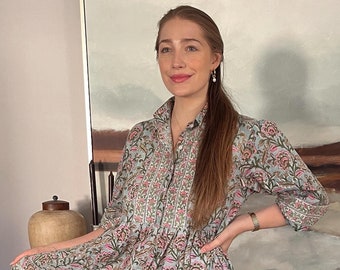 Hand Block Printed Cotton Maxi Dress: Bohemian Floral Button-Up