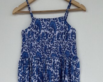 Blue Floral Maxi Dress: Hand Block Print Cotton Summer Gown