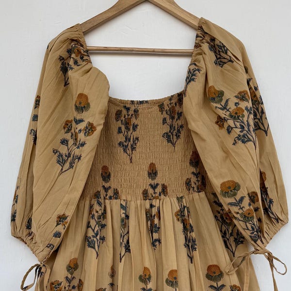 Vestido largo maxi de algodón 100% estampado a mano estilo boho - vestido fruncido