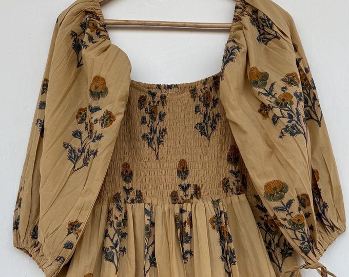 100% Cotton hand block printed maxi - bohemian long dress - smocked dress