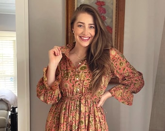 Hand Block Printed Cotton Maxi Dress: Bohemian Floral Button-Up